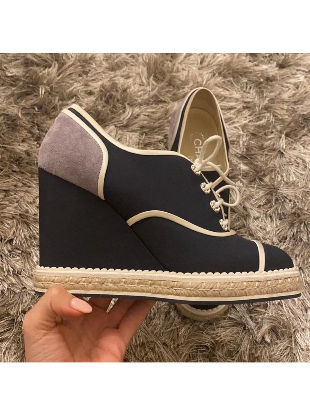 CHANEL Navy Blue Lace-Up Espadrille Wedge Sneakers with White Trim and Pearls